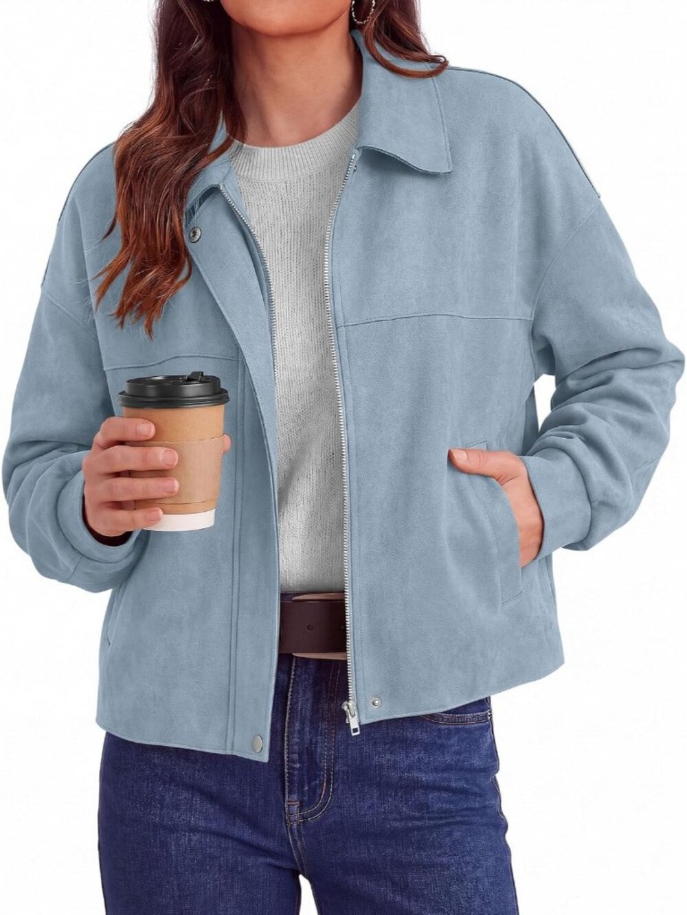Womens Light Blue Faux Suede Fall Zip Up Oversized Casual Shacket Cropped Jacket - Picture 4 of 6
